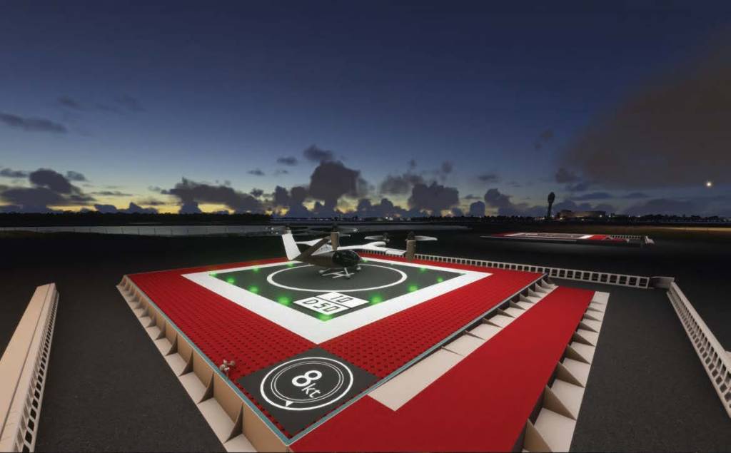 The design of vertiports will vary by the area’s local needs and other factors, but many will have a similar layout as many heliports. [Credit: Floria Vertiport Sim/Joe Mattern]