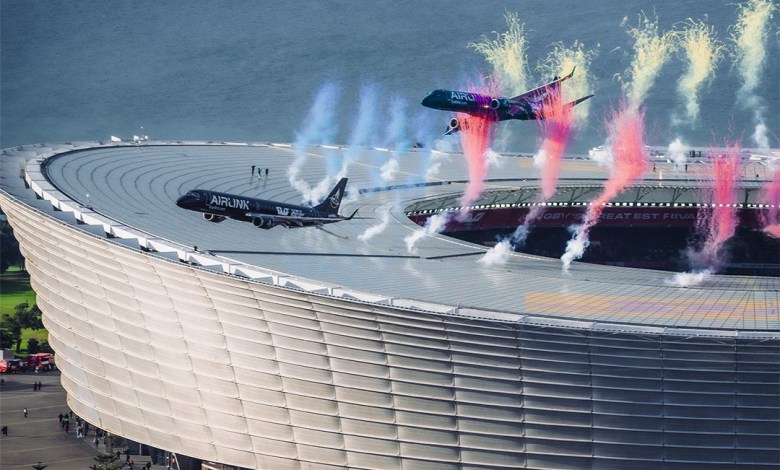 Airlink Embraer E-Jets conduct low flyover at DHL Stadium in Cape Town, South Africa