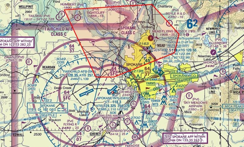 Wildfires in Spokane, Washington, are north of three major airports and still growing and uncontained as of Tuesday. [Credit: SkyVector/FAA]