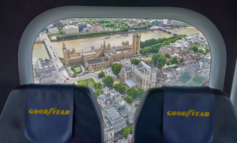 View of London landmarks Big Ben, Buckingham Palace, and Westminster Abbey from inside the Goodyear Zeppelin NT [Credit: Uwe Stohrer]