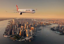 Rendering of Qantas Airbus A350-1000ULR aircraft over New York City