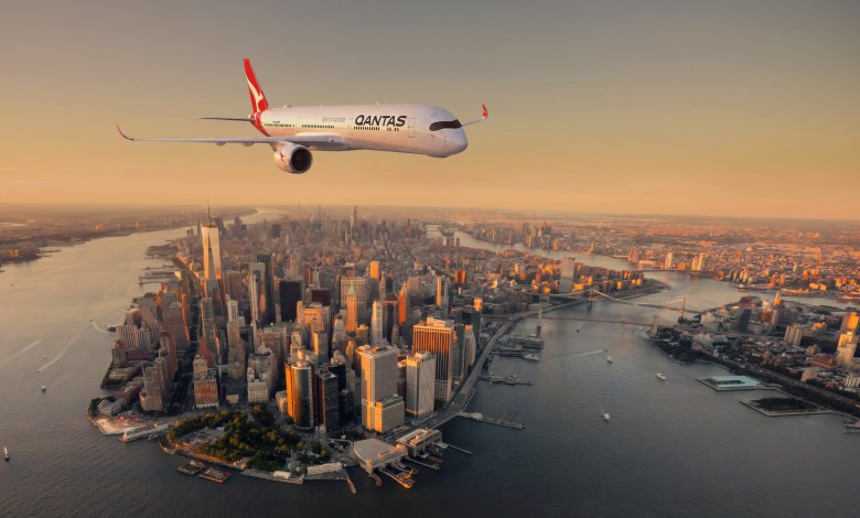 Rendering of Qantas Airbus A350-1000ULR aircraft over New York City