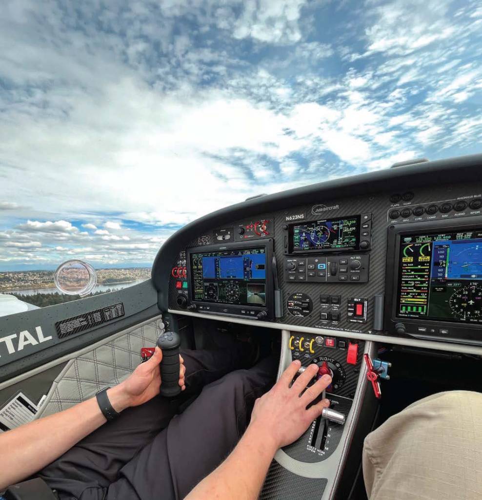 The JMB VL3 cockpit provides a modern, efficient training platform, with a Garmin G3X touchscreen display on both sides. [Credit: Meg Godlewski]
