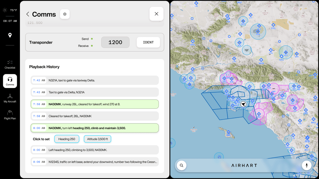 Example screenshot of Airhart Avionics with its comms tab in use. [Credit: Airhart Aeronautics]