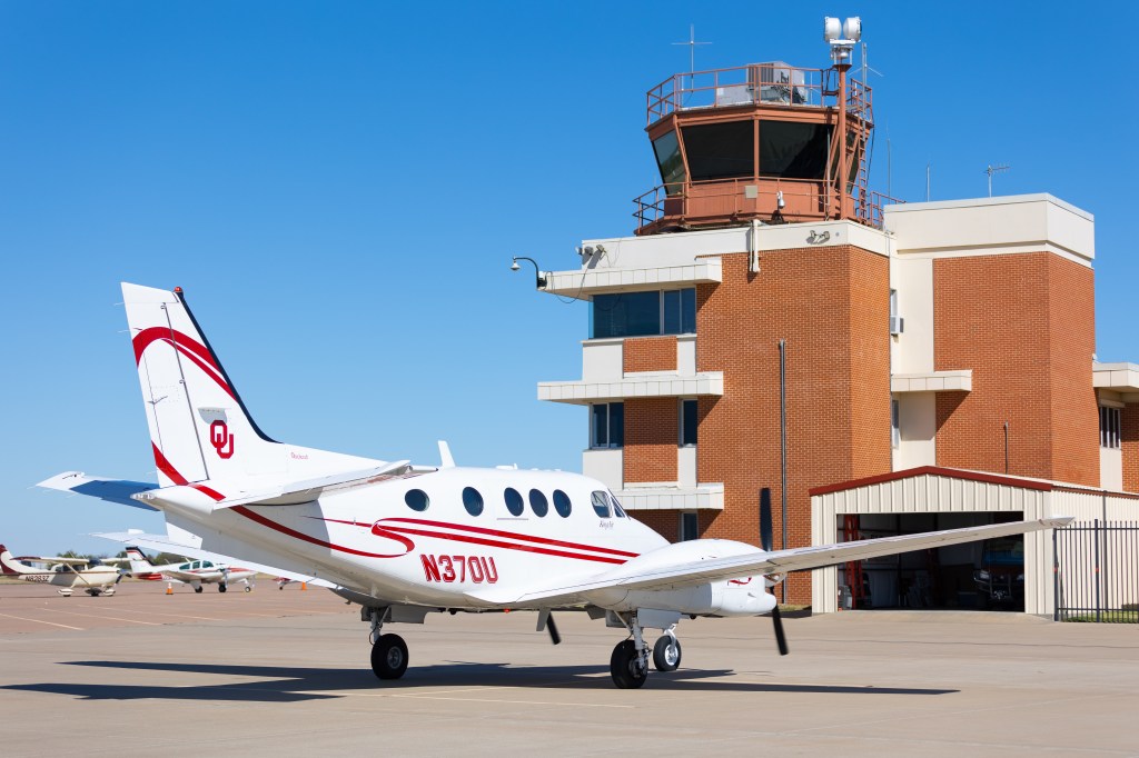 The University of Oklahoma’s King Air C90B turbine trainer at Max Westheimer Airport (KOUN). [Credit: University of Oklahoma]