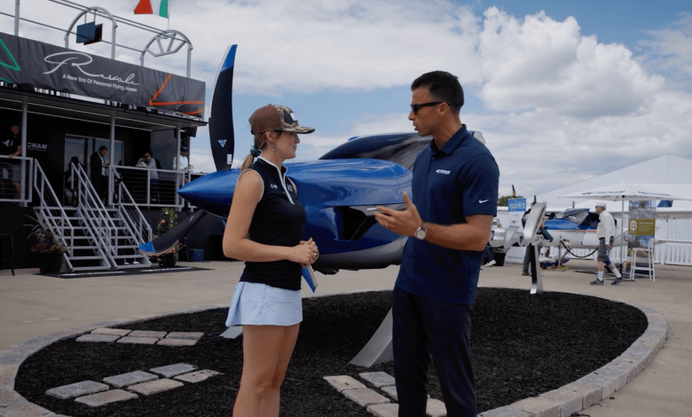 Plane + Pilot magazine’s Cayla McLeod (left) talks with Tecnam’s managing director, Giovanni Pascale in July. [Credit: FLYING]