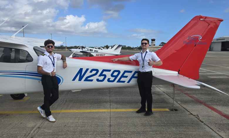Shemuel Ortiz (left), who won a $20,000 pilot scholarship from Epic Flight Academy in 2023, poses with instructor Kyle Mooney after passing the CSEL in June 2026. [Credit: Epic Flight Academy]