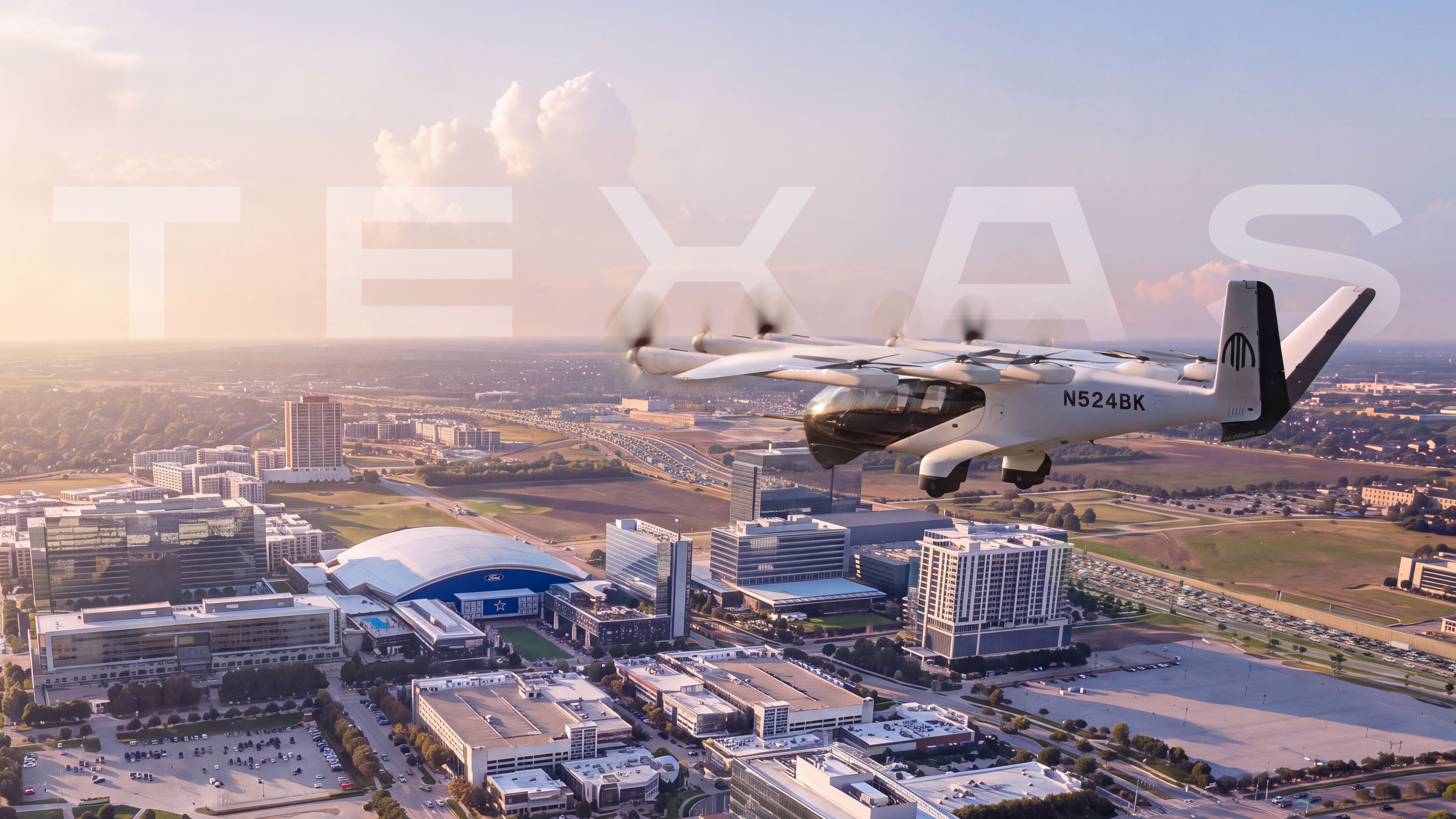 Rendering of Archer Midnight electric air taxi flying over Dallas Texas