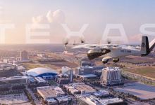 Rendering of Archer Midnight electric air taxi flying over Dallas Texas
