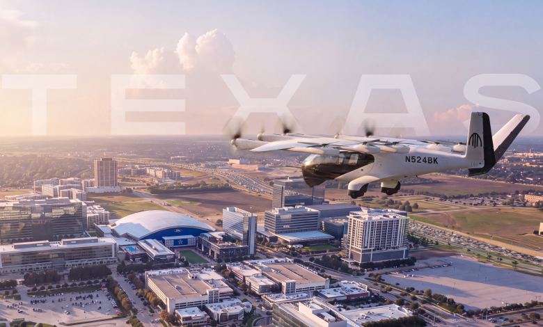 Rendering of Archer Midnight electric air taxi flying over Dallas Texas