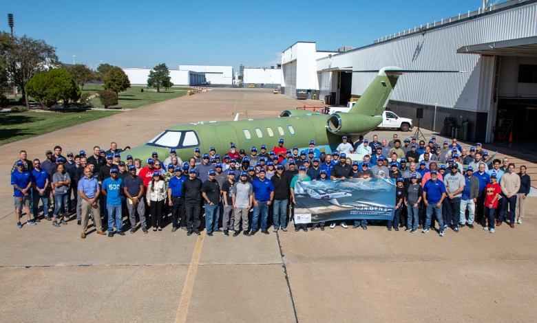 Textron Aviation employees celebrate the first Cessna Citation CJ4 Gen3 production unit rolling out of its facilities in Wichita, Kansas