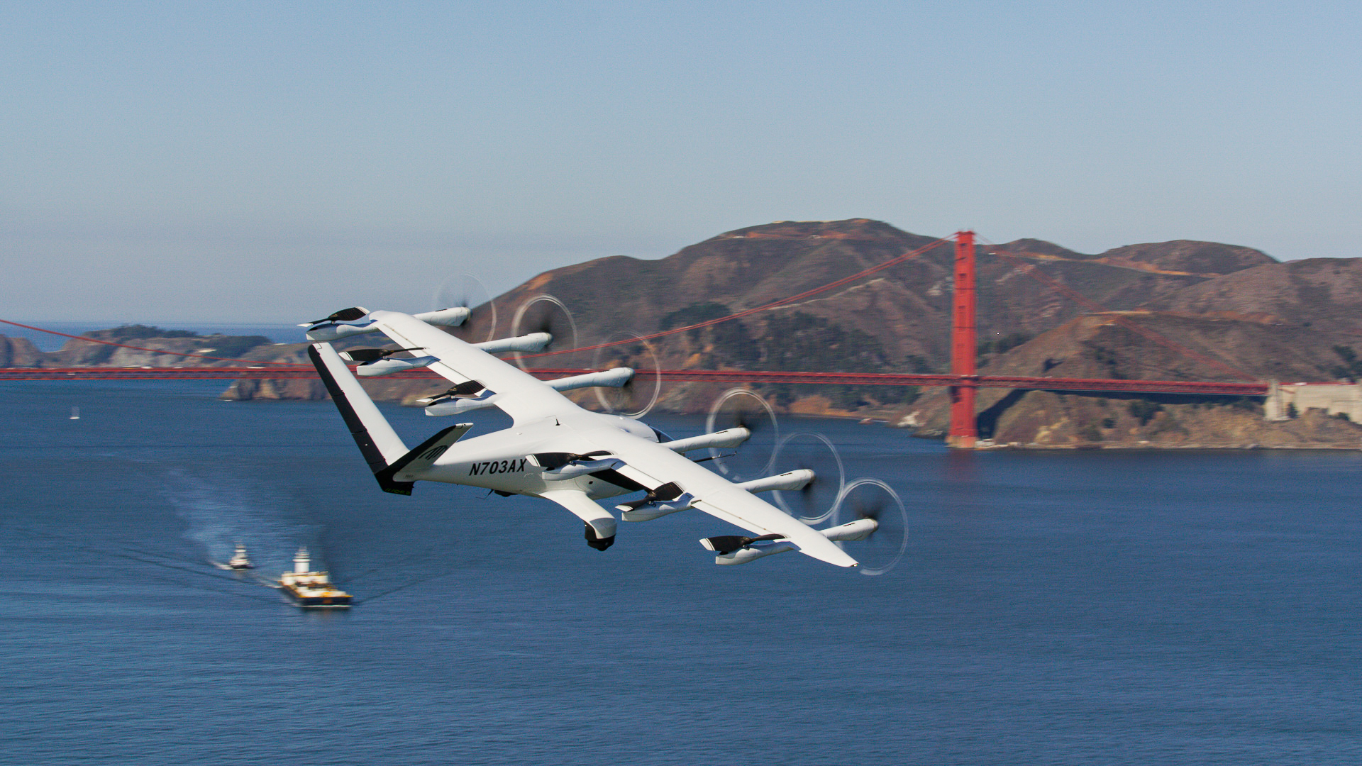 Archer Aviation Midnight electric air taxi prototype winged flight over San Francisco Bay