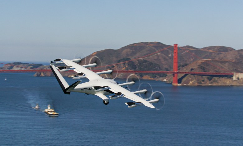 Archer Aviation Midnight electric air taxi prototype winged flight over San Francisco Bay