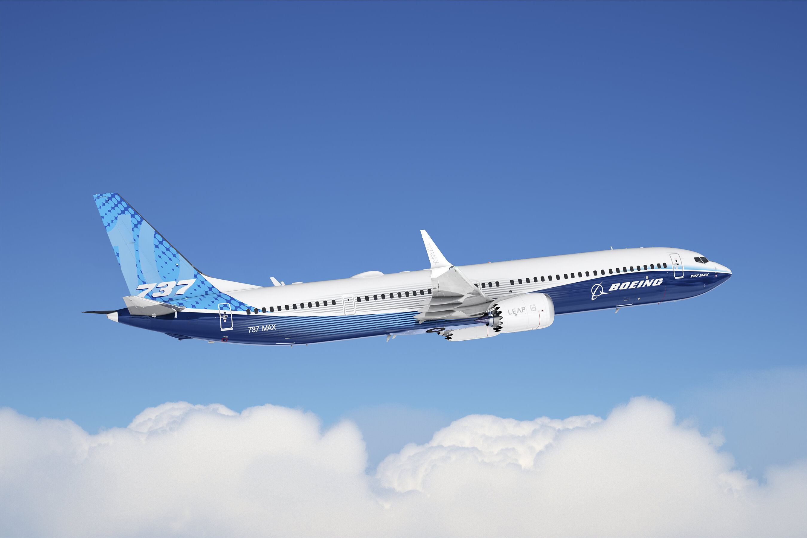 Boeing 737 Max 10 or 737-10 airplane in flight