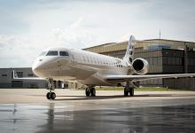 Bombardier Global 8000 business jet at service center