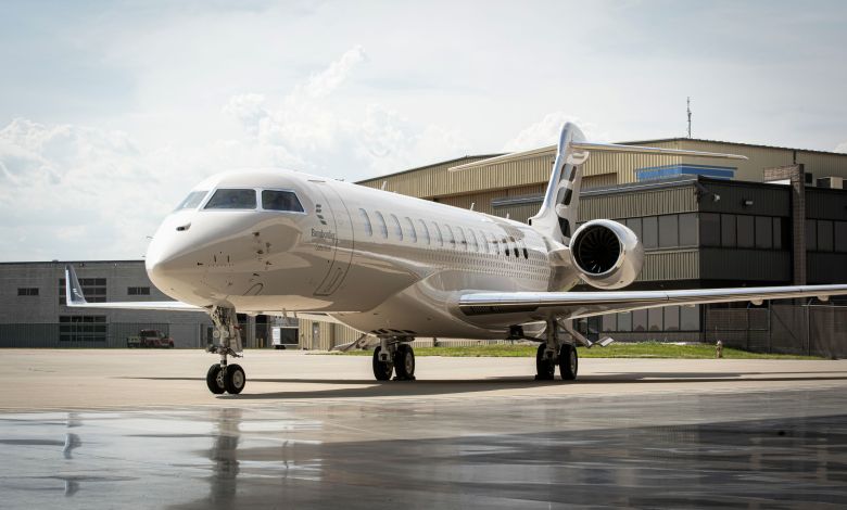 Bombardier Global 8000 business jet at service center