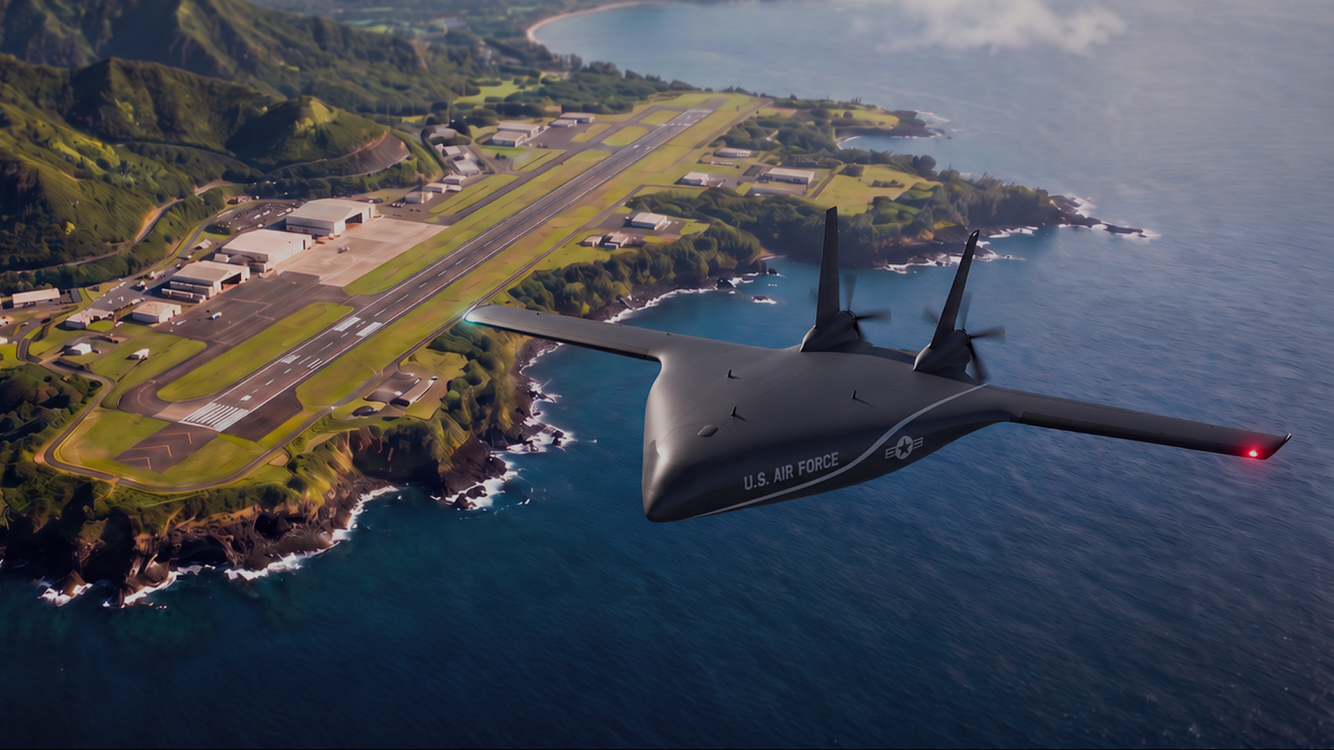 Natilus blended wing body Kona aircraft in U.S. Aiir Force livery, rendering