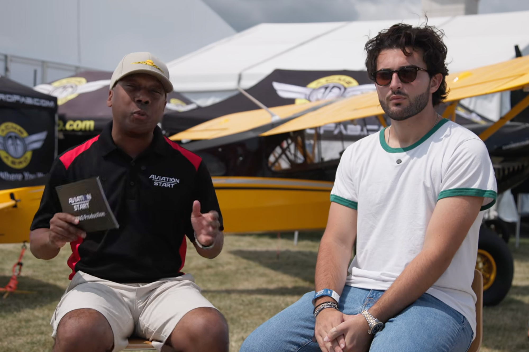FLYING ‘Aviation Start’ podcast host Jamail Larkins (left) speaks with contract pilot Jay Kadir during the latest episode. [Credit: FLYING]