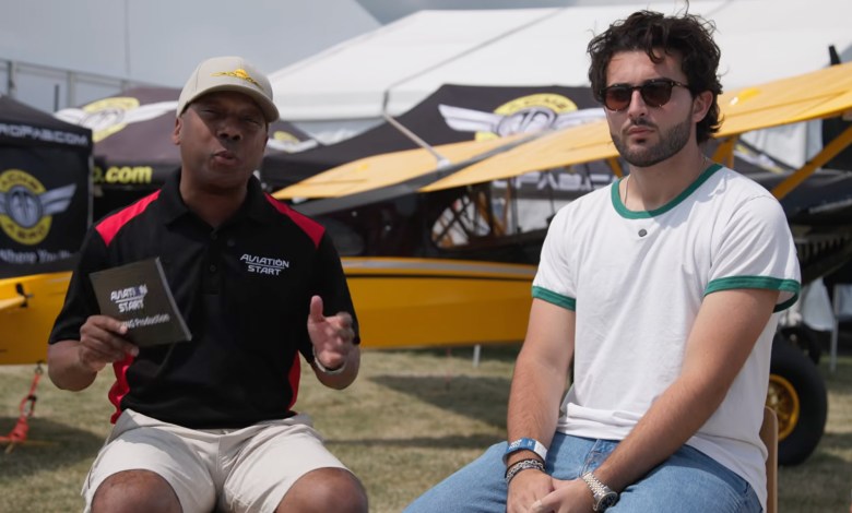FLYING ‘Aviation Start’ podcast host Jamail Larkins (left) speaks with contract pilot Jay Kadir during the latest episode. [Credit: FLYING]
