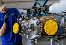 A Blackhawk technician inspects a PT6A engine in the shop. [Credit: Blackhawk]