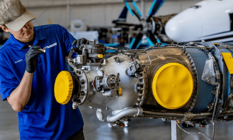 A Blackhawk technician inspects a PT6A engine in the shop. [Credit: Blackhawk]