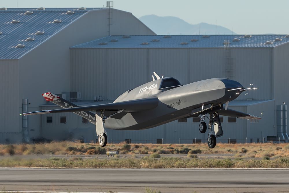 Northrop Grumman YFQ-48A Talon Blue collaborative combat aircraft takes off from runway