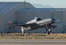 Northrop Grumman YFQ-48A Talon Blue collaborative combat aircraft takes off from runway