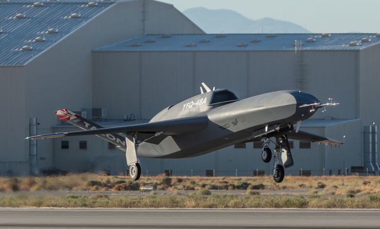 Northrop Grumman YFQ-48A Talon Blue collaborative combat aircraft takes off from runway