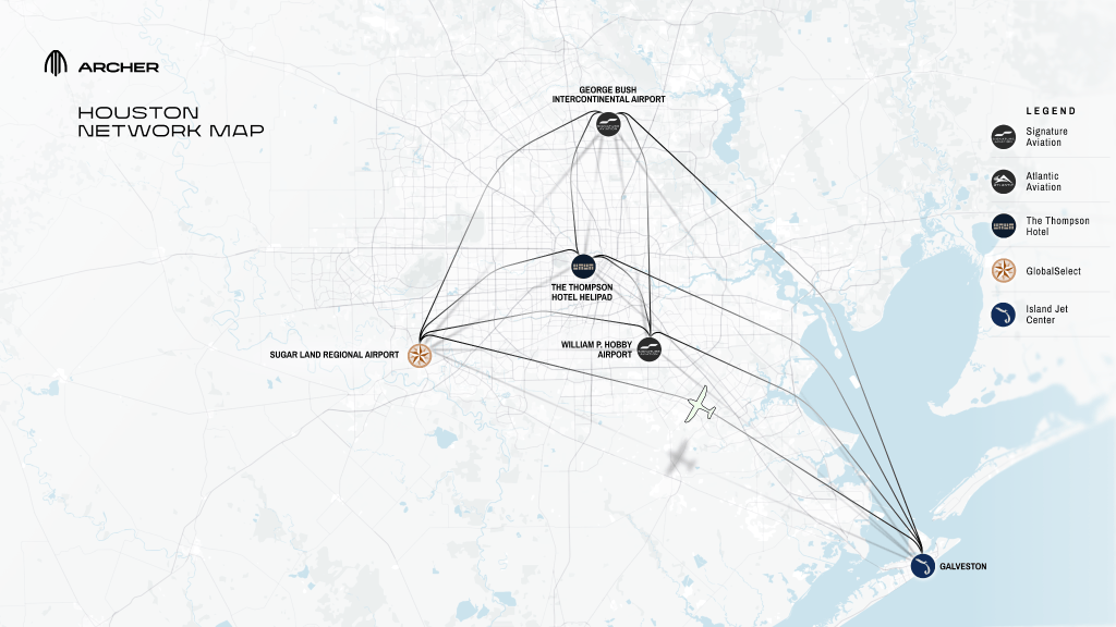Archer planned Houston air taxi network map