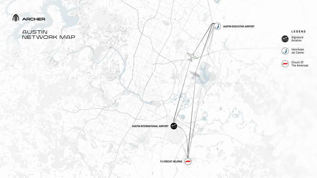 Archer planned Austin air taxi network map
