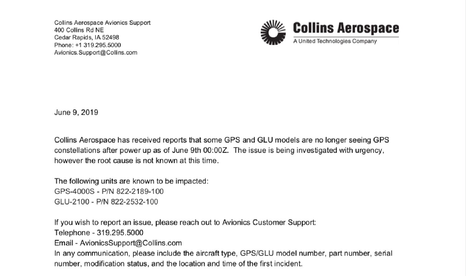 Collins Aerospace bulletin