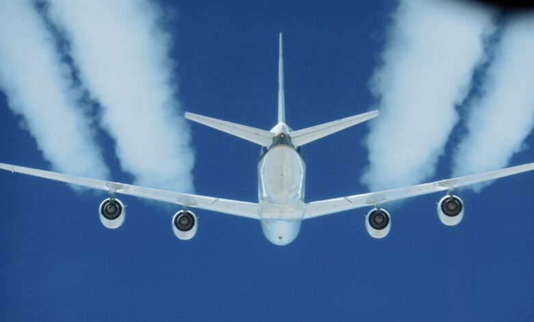 Contrails produced by aircraft.