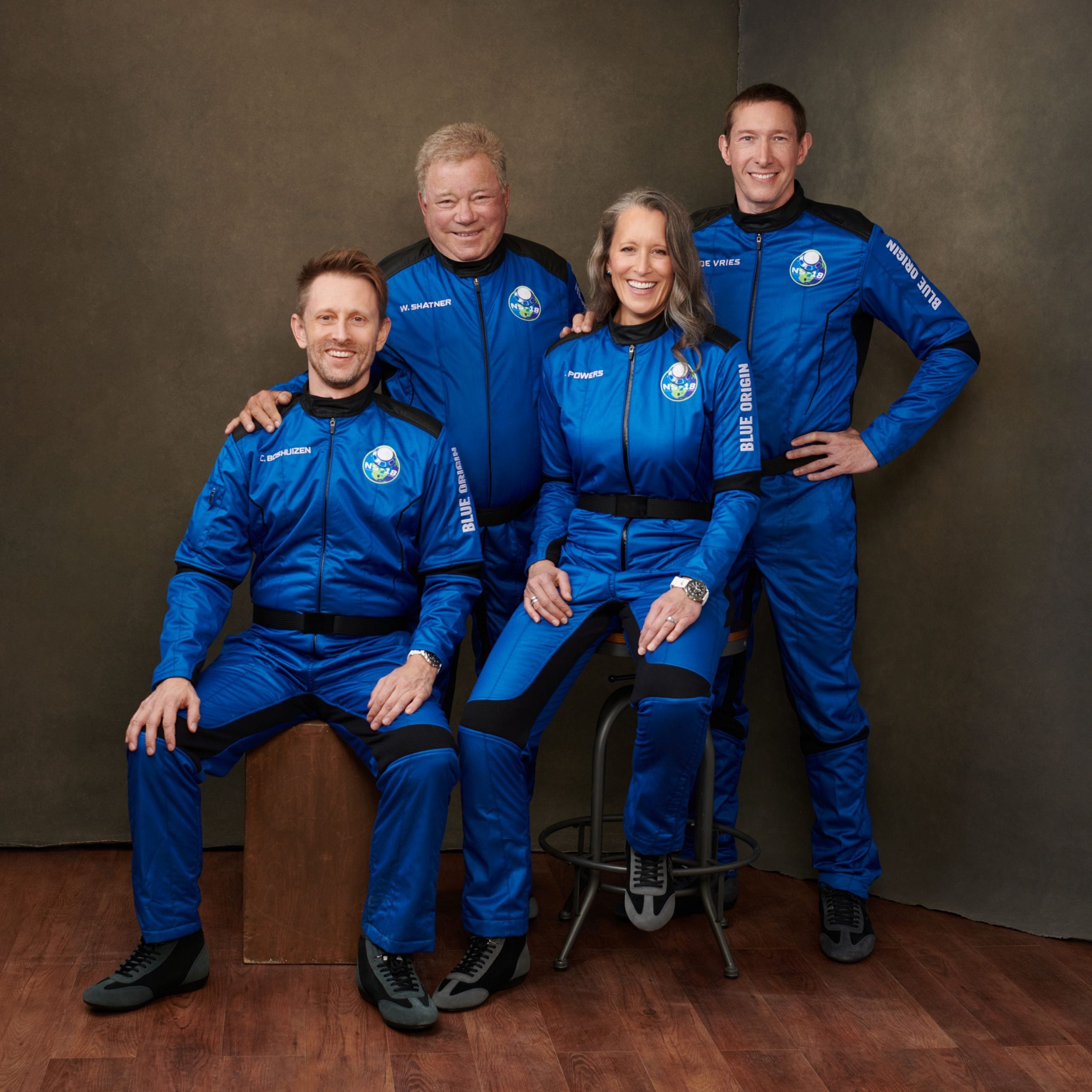 The crew of NS-18, Audrey Powers, William Shatner, Dr. Chris Boshuizen, and Glen de Vries, with CrewMember 7 Sarah Knights