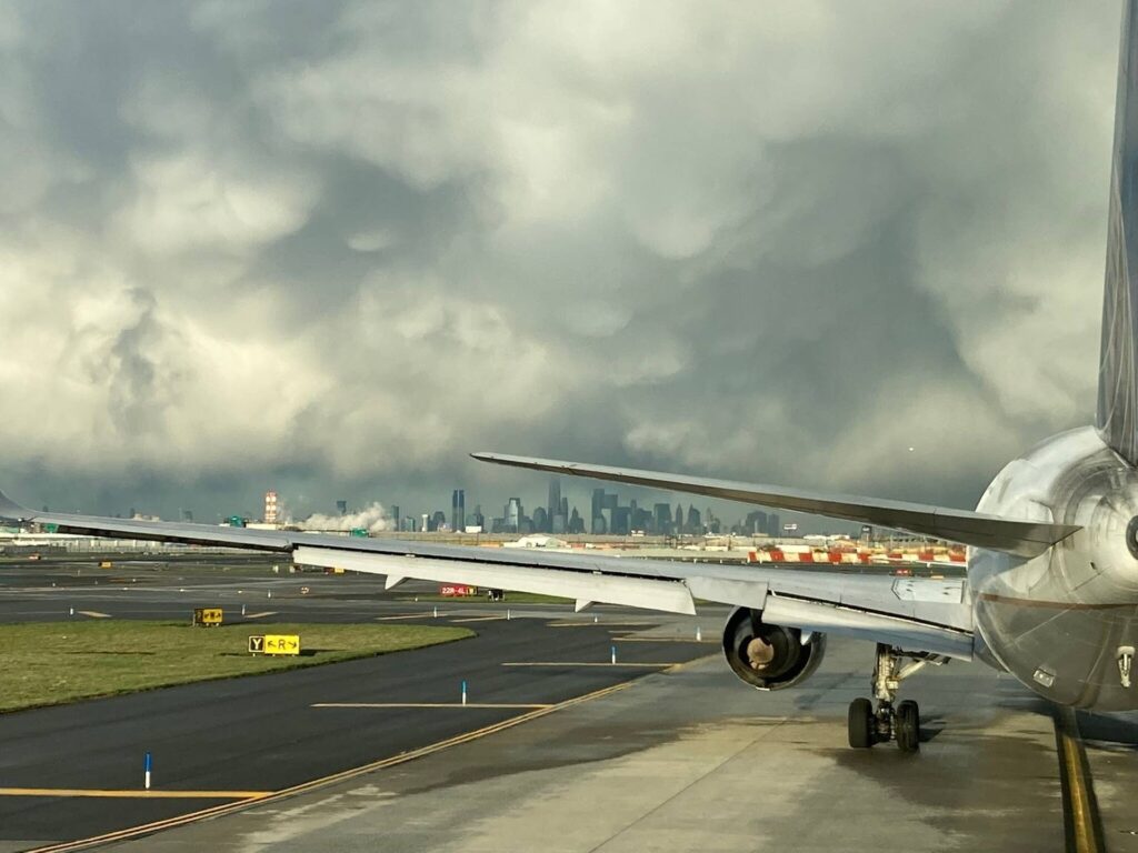 A storm moves in over an airport