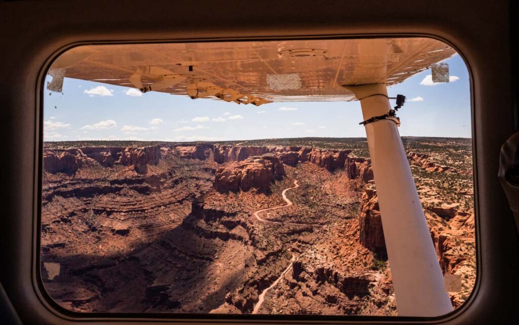 The Utah Backcountry Pilots Association catalogs and supports airfields all over the state. Pictured is a view of the Mineral Canyon airstrip (UT75) within Canyonlands National Park. [Credit: Redtail Air/Alice 
Gubler]