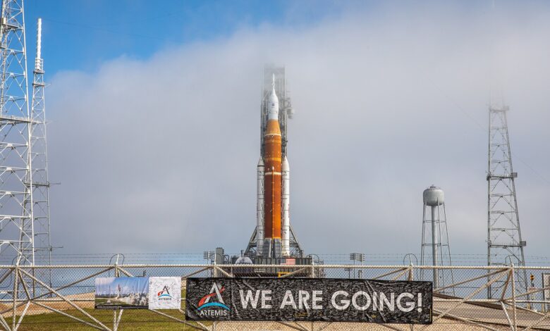 The SLS for Artemis I on its mobile launcher