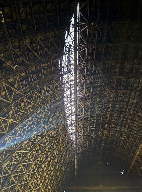 The hole in the roof of Tillamook Air Museum's Hangar B.