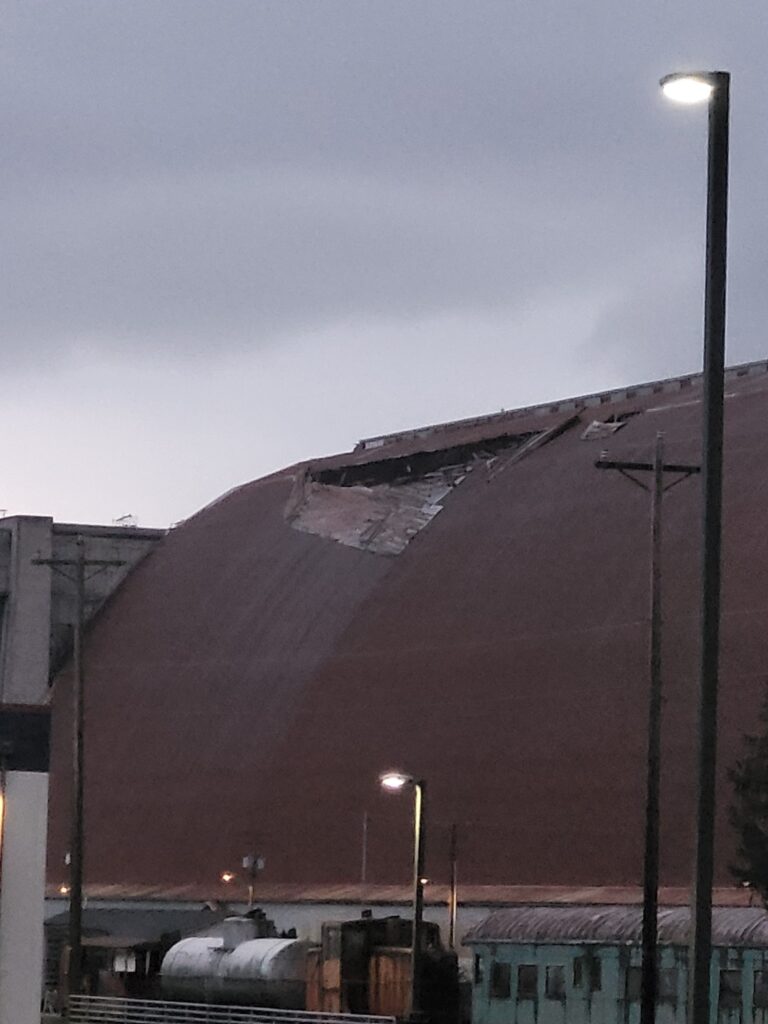 An exterior view of the damage at Tillamook Air Museum