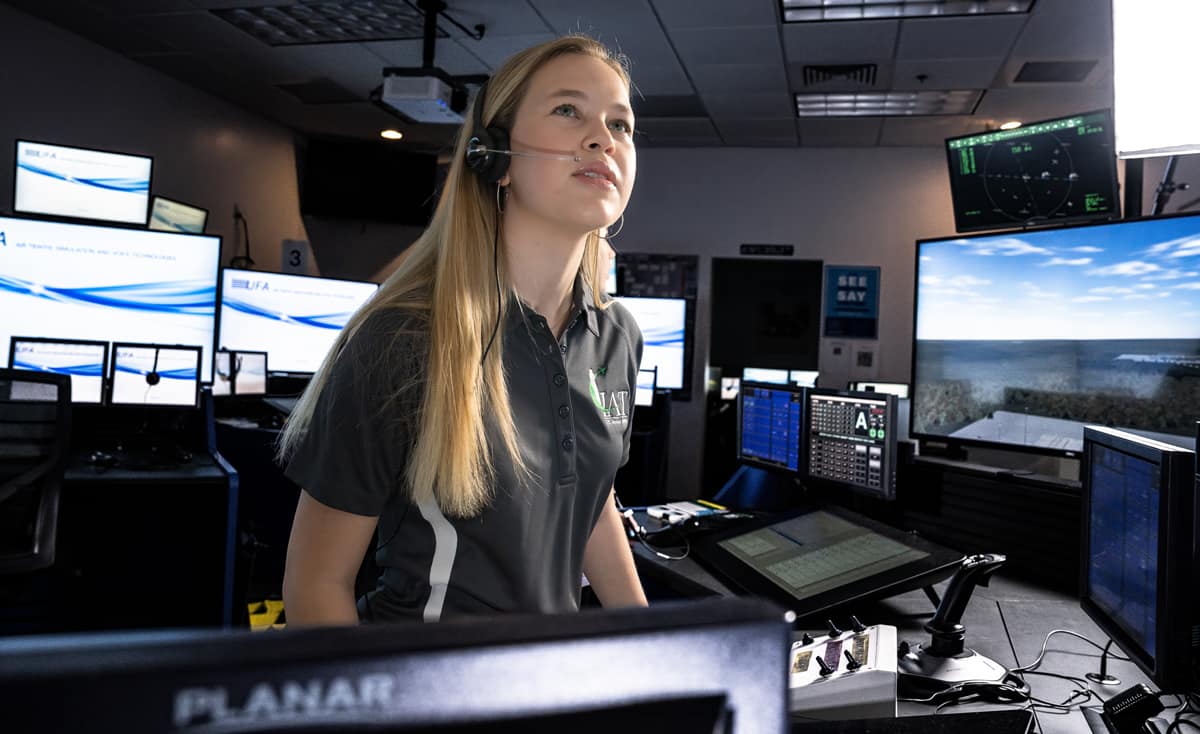 ATC student training in Embry-Riddle Aeronautical University tower lab
