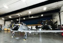 An open hangar door at the Heritage Flight Museum reveals a T6D Texan, Hog Wild Gunner. [Credit: Meg Godlewski]