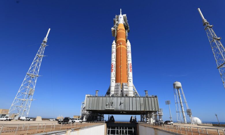 NASA SLS and Orion on the launch pad at Kennedy Space Center in Florida ahead of Artemis II moon mission