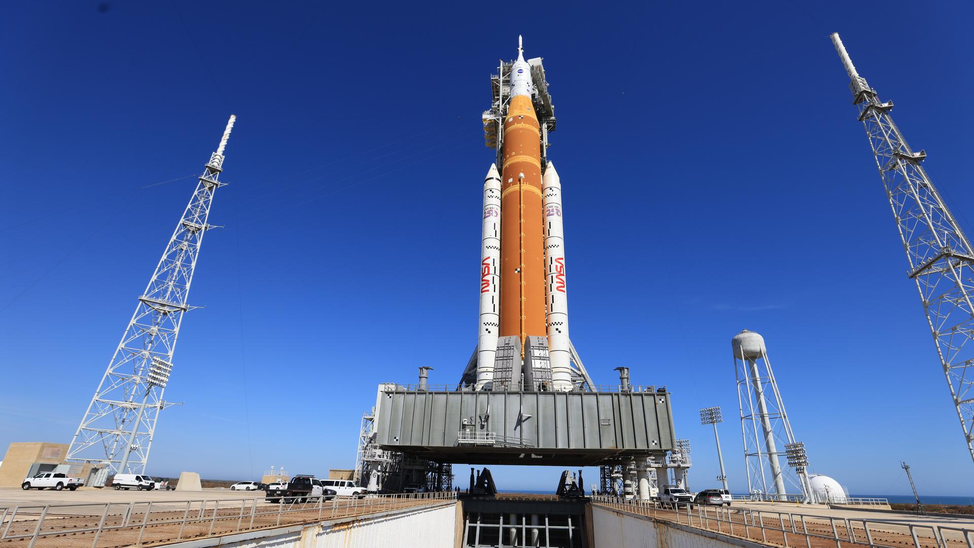 NASA SLS and Orion on the launch pad at Kennedy Space Center in Florida ahead of Artemis II moon mission