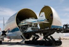 NASA Super Guppy loads T-38 Talon trainer aircraft