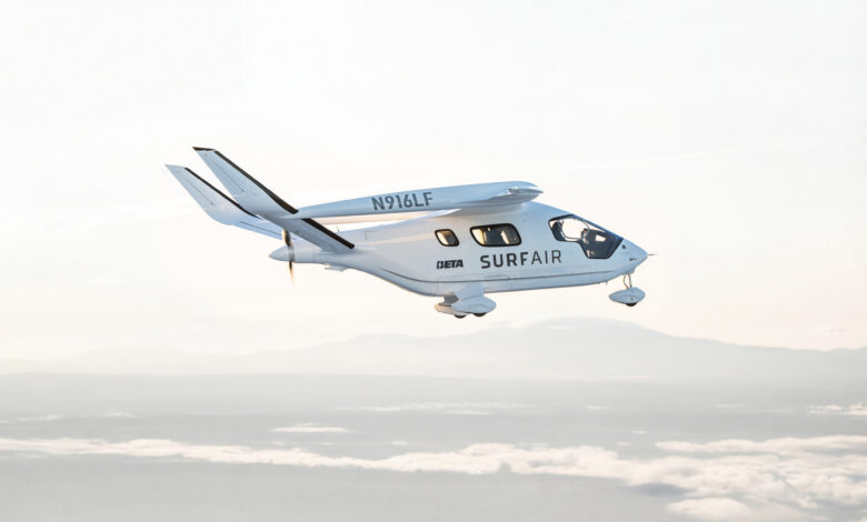 Beta Technologies Alia electric aircraft with Surf Air Mobility branding