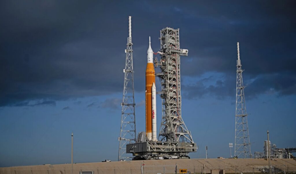 NASA SLS Orion stacked at Launch Pad 39B Kennedy Space Center Florida
