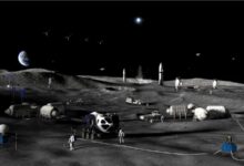 NASA moon base artist's concept featuring LTVs, HLS, rovers, landers, drones, lunar habitats