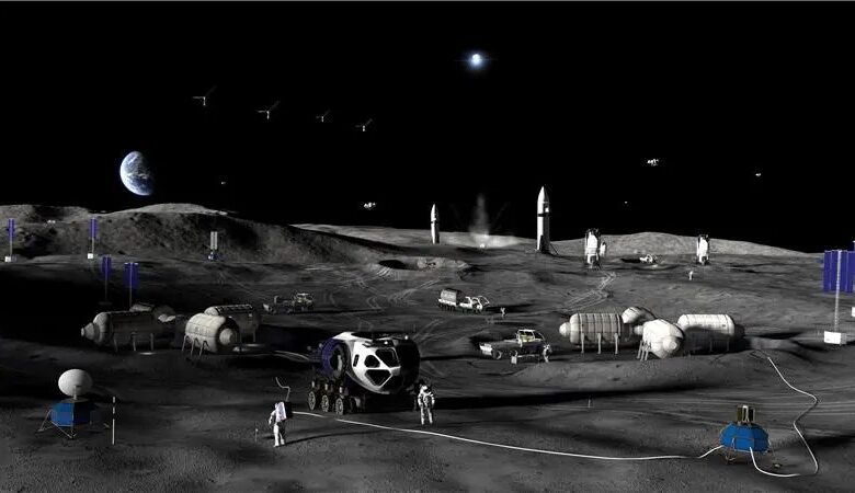 NASA moon base artist's concept featuring LTVs, HLS, rovers, landers, drones, lunar habitats