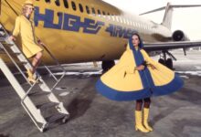 Marge Marques (left) and Zonia Arauzo (model Hughes Airwest flight attendant uniforms for a promotional photo shoot in 1987. [Credit: Museum of Flight]