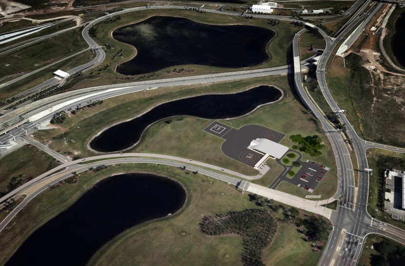 Aerial rendering of Advanced Air Mobility vertiport concept in Orlando, Florida. [Credit: Greater Orlando Aviation Authority]