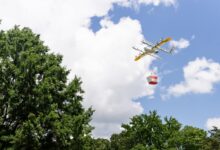 Wing delivery drone delivers a DoorDash order in the Atlanta suburbs